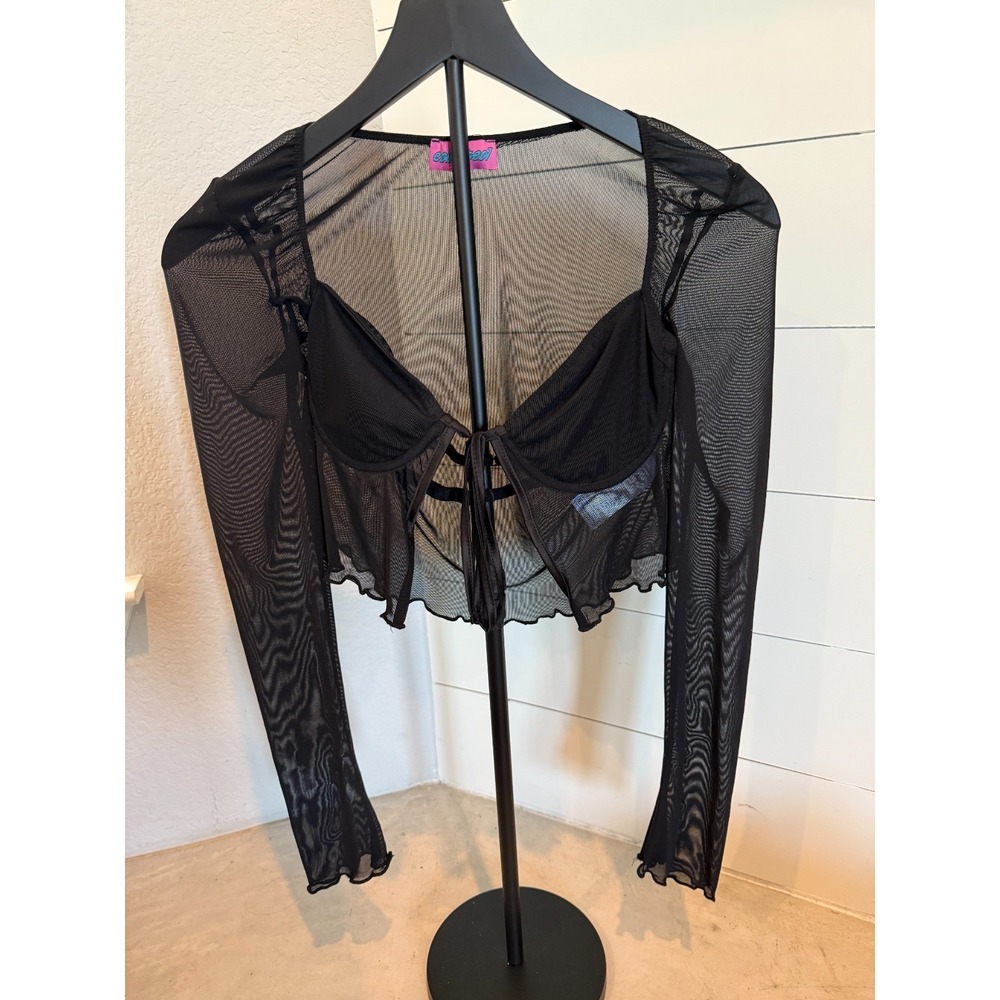 Edikted Black Sheer Mesh Tie Front Long‎ Sleeve Crop Top Women's Small